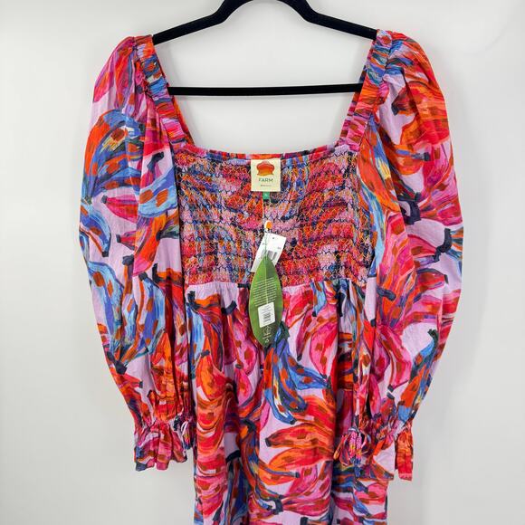 Farm Rio Dress‎ 100% Cotton Bananas Smocked Maxi Women's Size XL Multicolor NWT - Picture 8 of 16